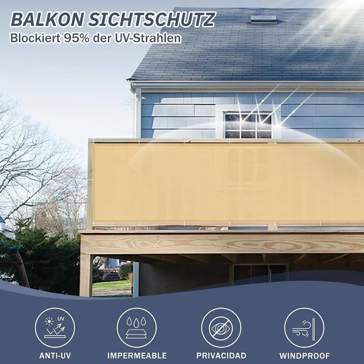 HENG FENG Balkon Sichtschutz 75x300 cm,160g/㎡ PES UV-Schutz Balkonverkleidung , Balkonabdeckung Wetterfest, mit Kabelbindern, Sand – Bild 3