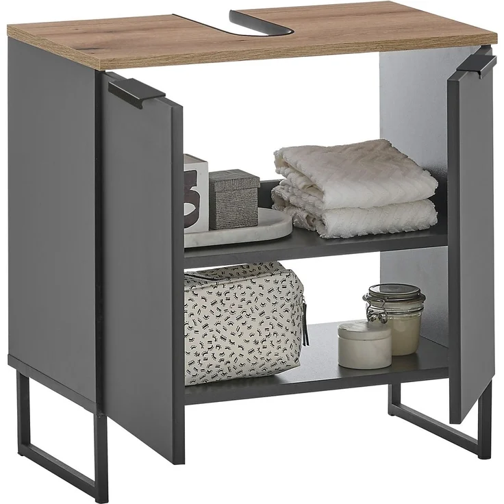 Waschbeckenunterschrank >Denver< 2 Türen, schwarz matt / Evoke Eiche dekor - 60x60x35cm (BxHxT) – Bild 2