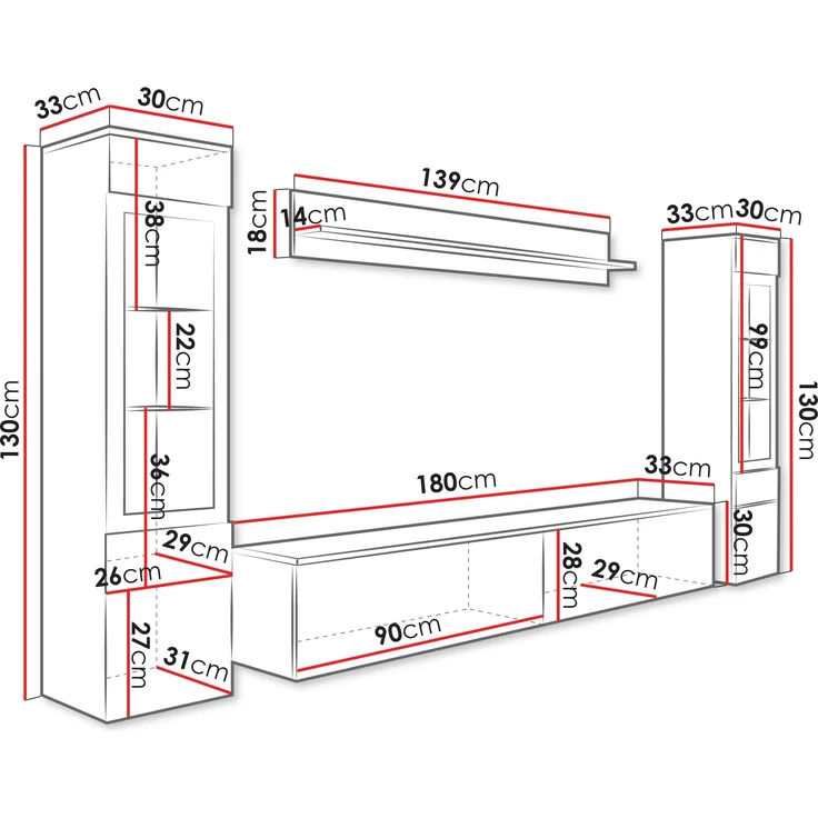 Wohnwand Doppo II, Wandregal, TV-Lowboard, 2x Hängevitrine, LED Beleuchtung (Farbe: Schwarzer Graphit) – Bild 7