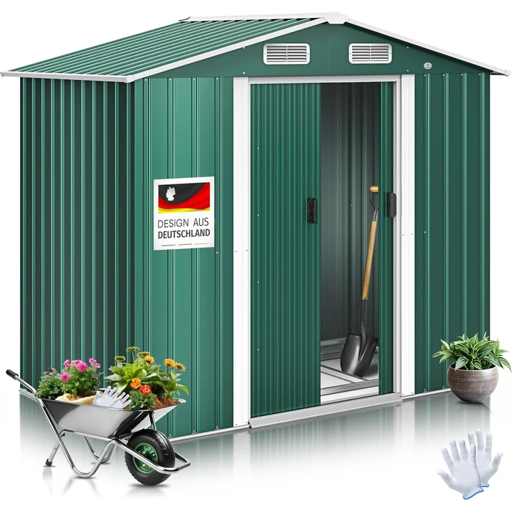 KESSER® XL Metall Gerätehaus 4,2m³ mit Fundament | inkl. Arbeitshandschuhe | 195 x 131 x 186 | 2x Schiebetür & Fundament | Geräteschuppen | Gartenhaus Schrank | Satteldachdach Garten Schuppen Grün