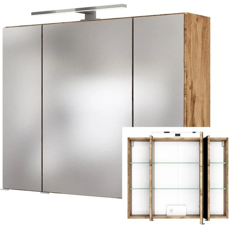 Lomadox Spiegelschrank LOUROSA-03 3D 60 cm in Wotaneiche Nb. inkl. LED Beleuchtung, BxHxT: 60x66x20 cm