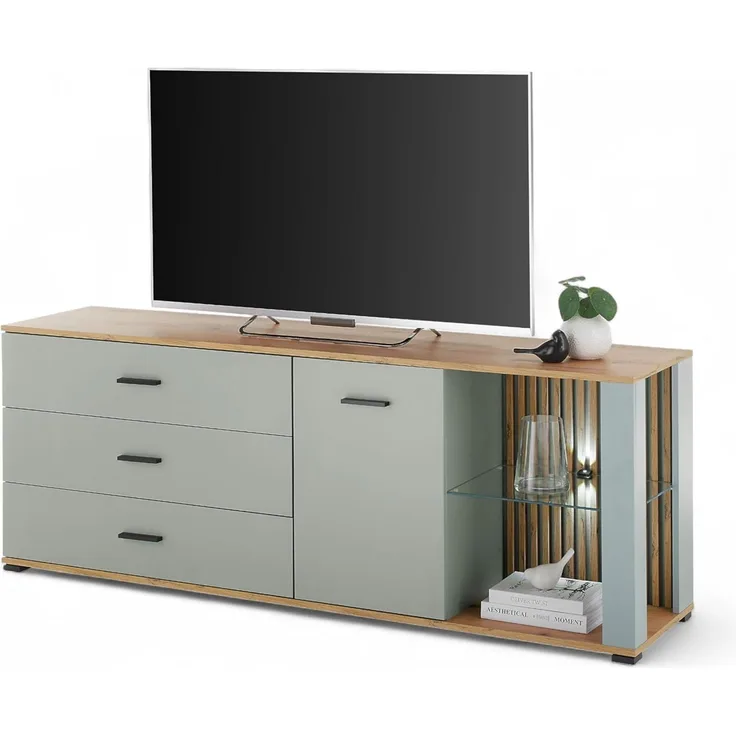 NARVA TV-Lowboard mit LED-Beleuchtung in Salbei, Evoke Eiche Optik - TV Schrank mit viel Stauraum für Ihr Wohnzimmer - 179 x 67 x 44 cm (B/H/T)