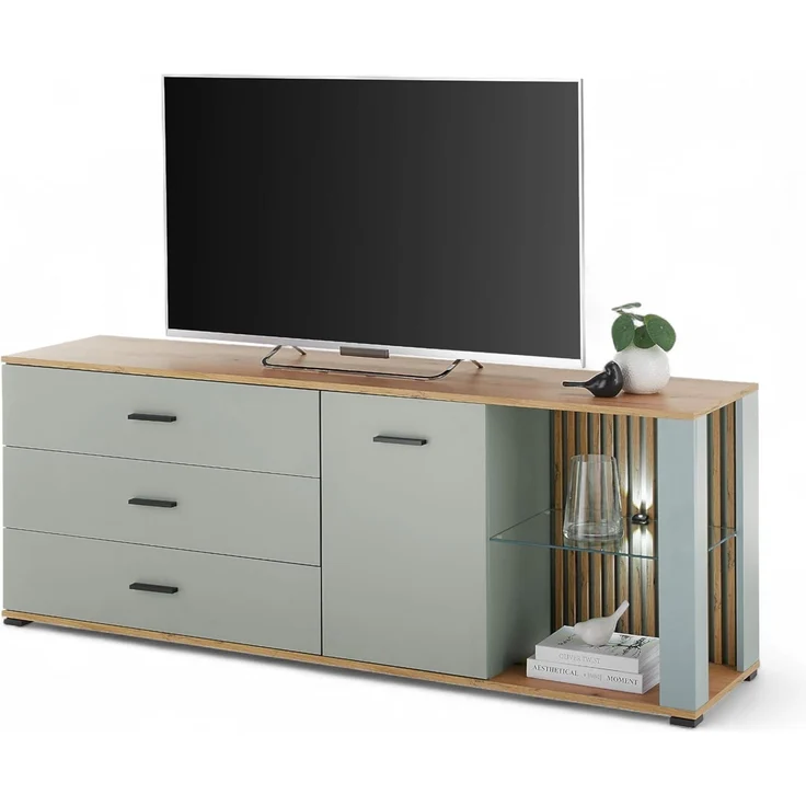 NARVA TV-Lowboard mit LED-Beleuchtung in Salbei, Evoke Eiche Optik - TV Schrank mit viel Stauraum für Ihr Wohnzimmer - 179 x 67 x 44 cm (B/H/T) – Bild 1
