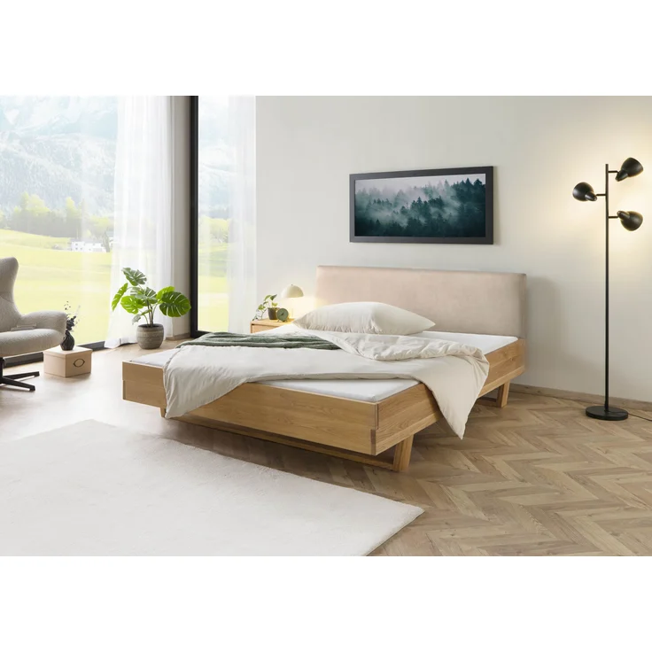 Bett mit Nachttisch links Fichte 160x200x85 natur gebeizt / geölt, Kopfteil beige FICHTELBERG #154 – Bild 3