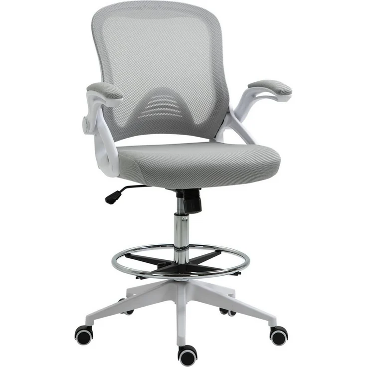 Vinsetto Schreibtischstuhl Ergonomischer Mesh-Zeichenstuhl mit Rollen (höhenverstellbarer Drehstuhl mit verstellbarem Fußring, 1 St), Arbeitsstuhl für Zuhause, Hellgrau – Bild 1