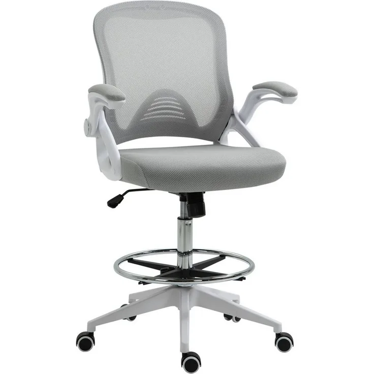 Vinsetto Schreibtischstuhl Ergonomischer Mesh-Zeichenstuhl mit Rollen (höhenverstellbarer Drehstuhl mit verstellbarem Fußring, 1 St), Arbeitsstuhl für Zuhause, Hellgrau