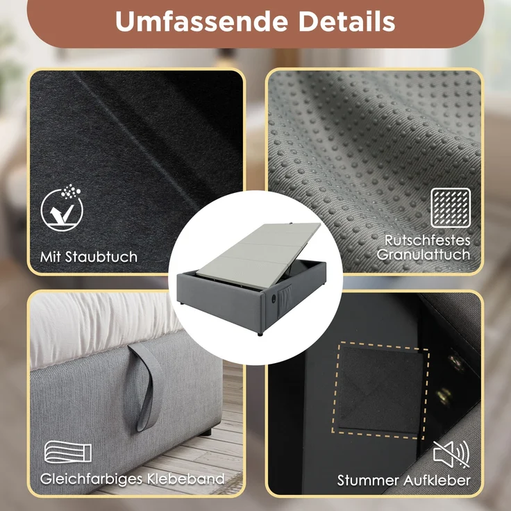 Bettgestell, Baumwoll-Leinen mit Stauraum & USB-Anschluss, 140x200 cm, Grau, ohne Matratze – Bild 5