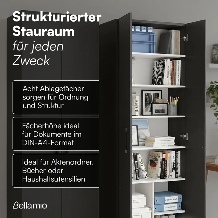 Bellamio 'Apol' Mehrzweckschrank, schwarz, 176x33x60 cm, Aktenschrank mit 8 Ablagefächern – Bild 3