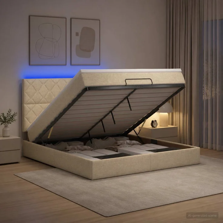 vidaXL Ottoman-Bett mit Matratze und LED Creme 160 x 200 cm Stoff 3458171 – Bild 1