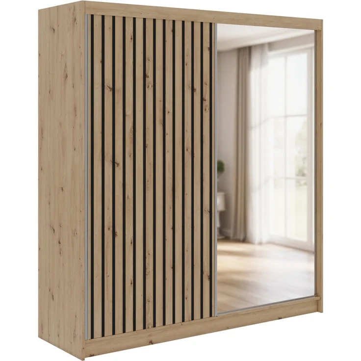 Kleiderschrank LAOS 200 cm Schiebetürenschrank Eiche Artisan mit Akustikpaneel-Design (Lamellen) Schwarz & Spiegel, Inkl. Innenausstattung - mit Schubladen – Bild 4