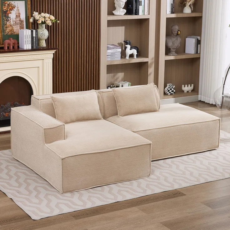 LVHOM Ecksofa 2 Sitzer, Modulares Sofa 235 cm breit, L-Form Sofa mit 2 Kissen, Schlafsofa aus Cordstoff, kein Aufbau erforderlich, Khaki