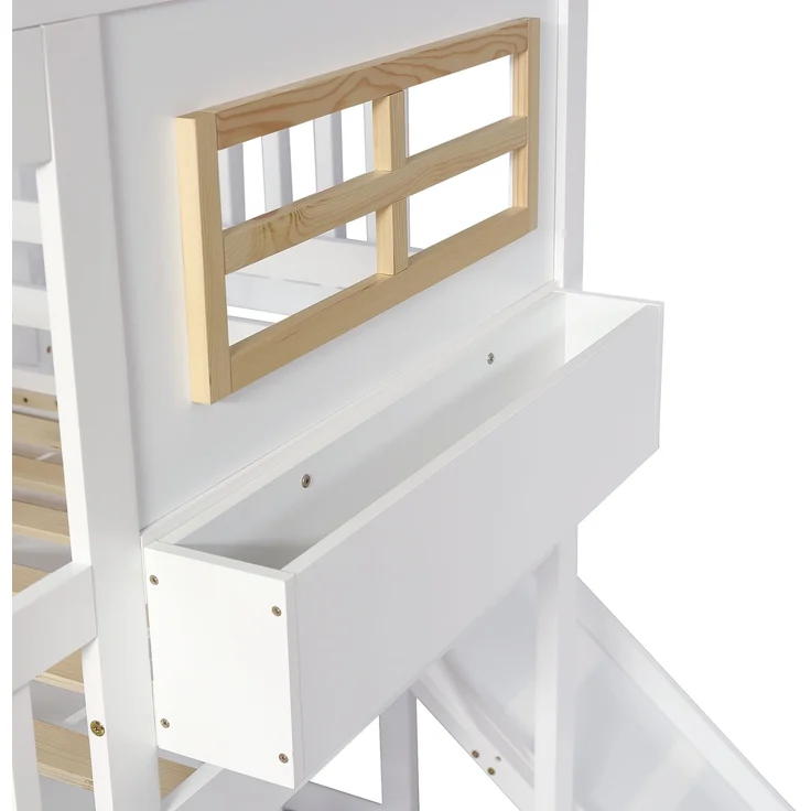 Etagenbett 90 × 200 cm (Liegefläche) – Etagenbett mit Rutsche, Kleiderschrank & Regal, vierseitiger Fallschutz, Weiß/Natur – Bild 10