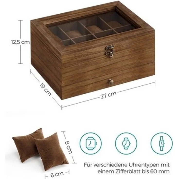 SONGMICS Uhrenbox mit 8 Fächern, Uhrenkasten aus Massivholz, mit Glasdeckel, Uhrenkissen, Schmuckaufbewahrung, Geschenk für Ihre Liebsten, walnussfarben JOW008K01 – Bild 5