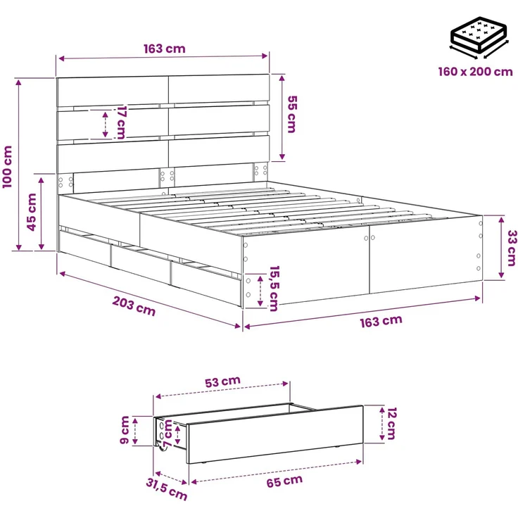 vidaXL Bed Frame with Storage and Headboard Artisan Oak 160 x 200 cm 3445810 – Bild 10