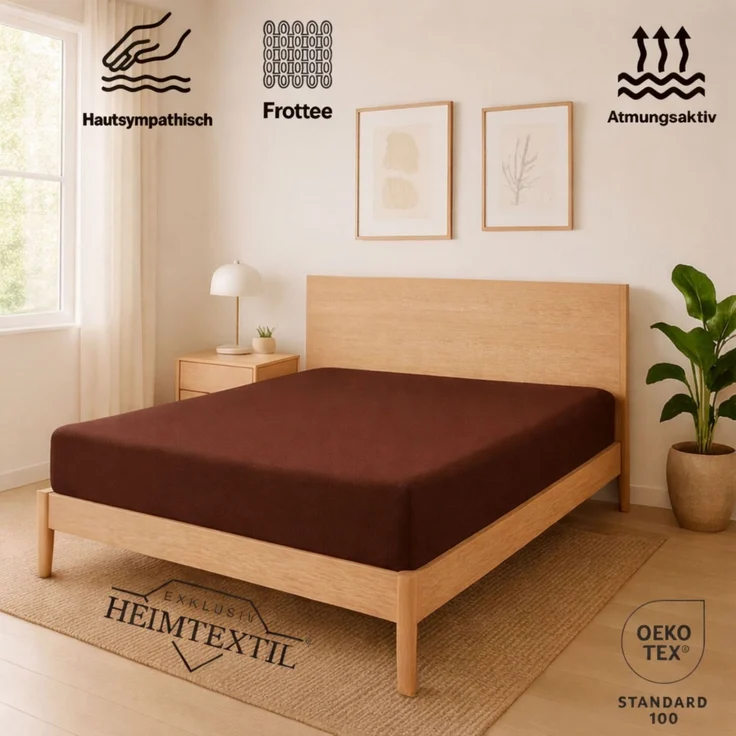 EXKLUSIV HEIMTEXTIL Frottee Spannbettlaken 200 x 220 cm Schokobraun 80% Baumwolle 20% Polyester Öko - Tex Zertifiziert Bed-Sheet Bettlaken Spannbetttuch Topper Leinentuch – Bild 2