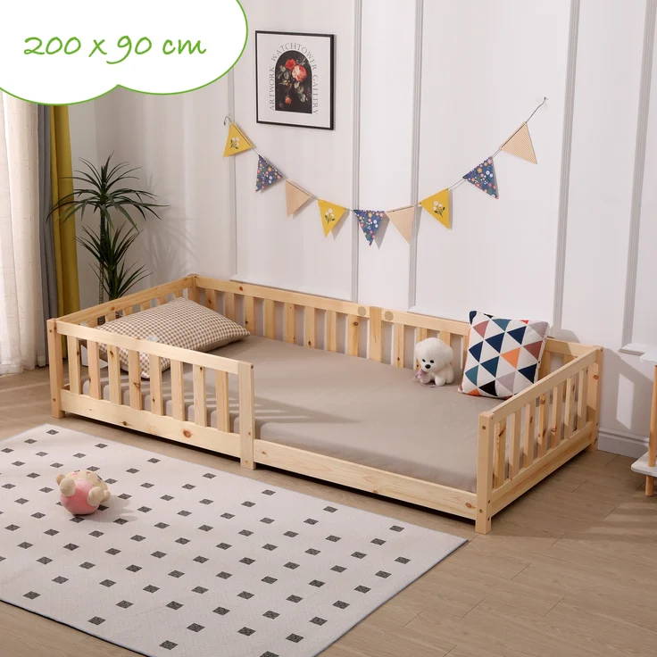 ecoMI Kinderbett mit Rausfallschutz und Lattenrost, Kiefernholz natur, 90x200 cm – Bild 1