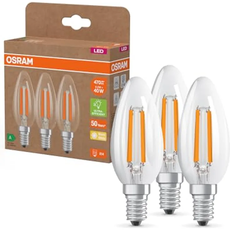 OSRAM LED Kerze Filament E14, 2,2W 827, 3er-Pack, EEK A