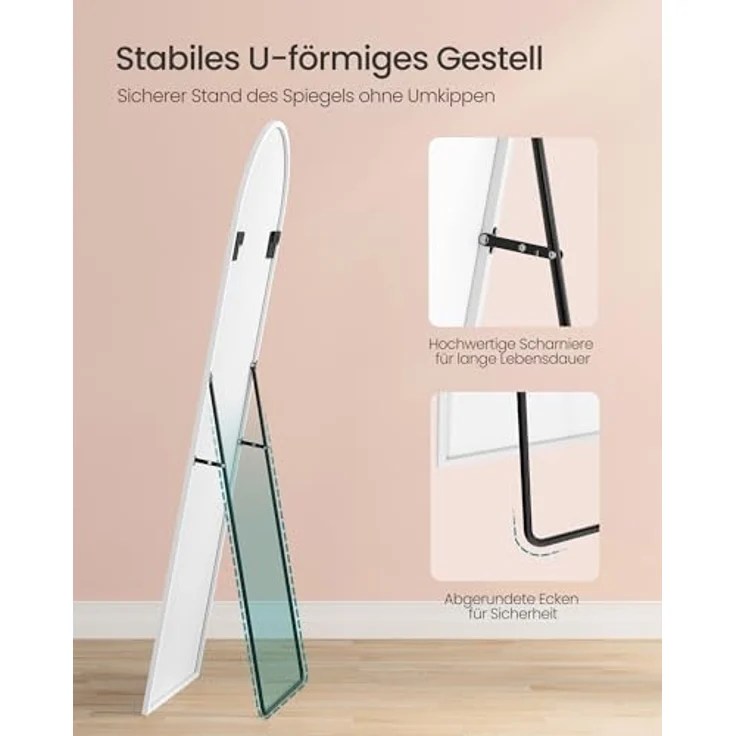 SONGMICS Ganzkörperspiegel, 160x50 cm, gewölbter Standspiegel, Rahmen aus Aluminiumlegierung, Hartglas, für Schlafzimmer, Wohnzimmer, Garderobe, mattweiß LFM031WC01 – Bild 4