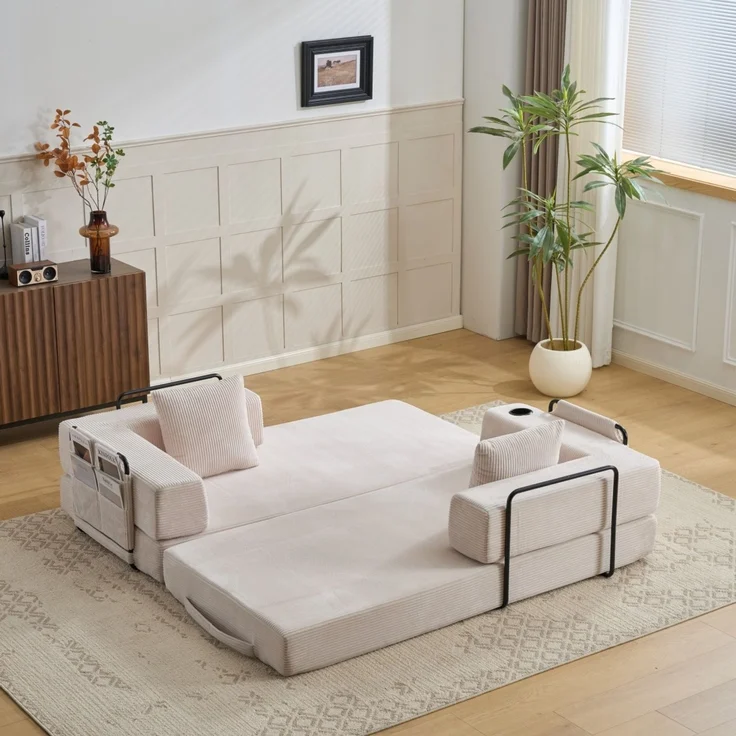 Schlafsofa aus Cord, klappbar mit Becherhaltern und Seitentaschen, 185x92,5x60 cm, Weiß – Bild 2