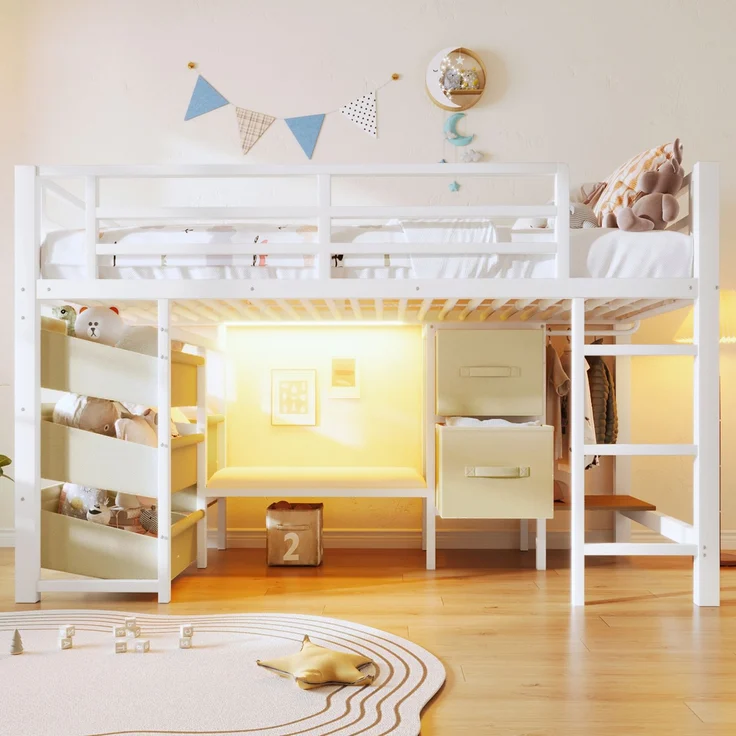 90*200 cm, Halbhohes Bett, mit Sitzkissen, Stoff-Stauraumschublade, Stoff-Stauraumtasche, mehrfarbiger LED-Beleuchtung, Kleiderhakenbereich, Metall, ohne Matratze, Weiß – Bild 6