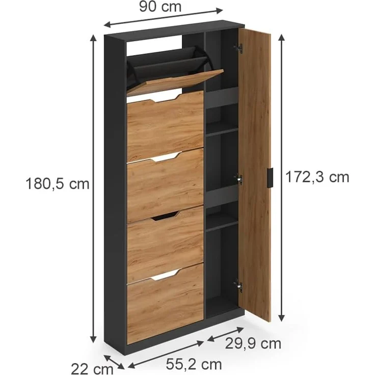 Schuhkipper Luca Anthrazit/Goldkraft Eiche 90 x 180.5 cm mit 5 Kippfächern & Spiegel Vicco – Bild 2