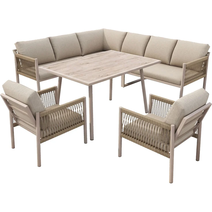 Merax Gartenlounge-Set 6 teilig für 7-8 Personen, Gartenmöbelset mit Kissen, Tisch mit Holzoptik-Glasplatte, Sofagarnitur Terassenmöbelset, Beige – Bild 9