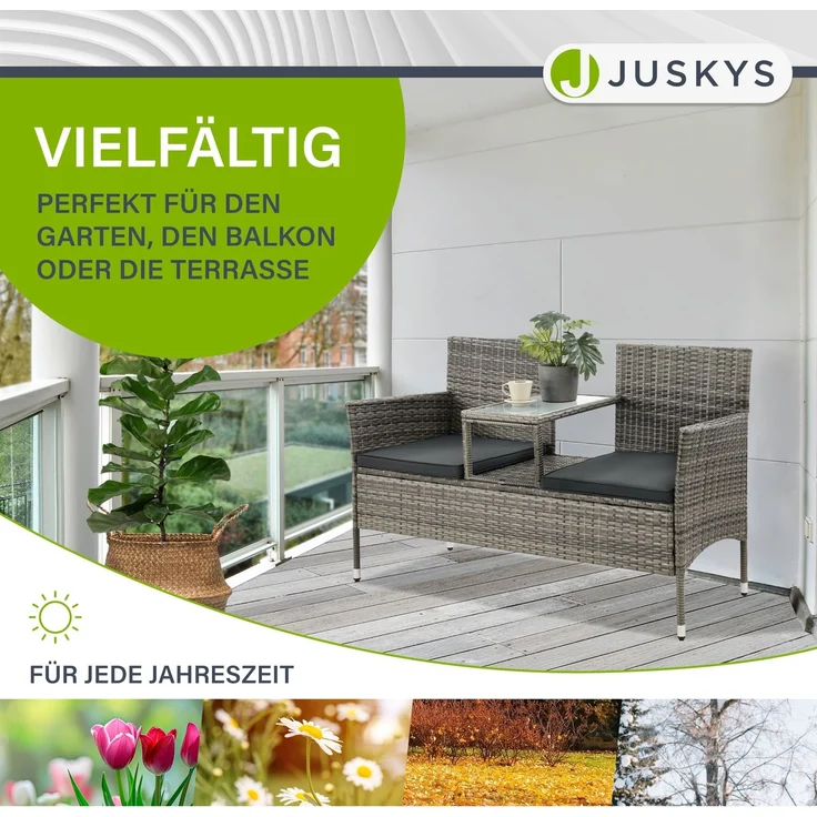 Juskys 'Monaco' 2-Sitzer Gartenbank mit Tisch und Kissen, Polyrattan grau, 133 × 63 × 84 cm – Bild 6