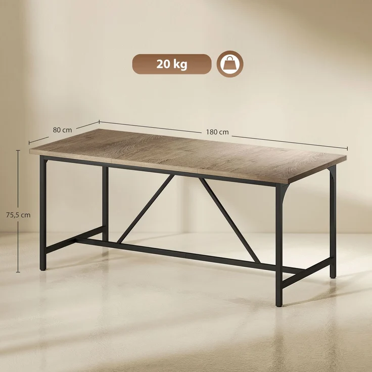 Rechteckiger Esstisch für 6–8 Personen, Küchentisch im Industrial-Stil, 180 x 80 x 75,5 cm, Naturholzoptik – Bild 5