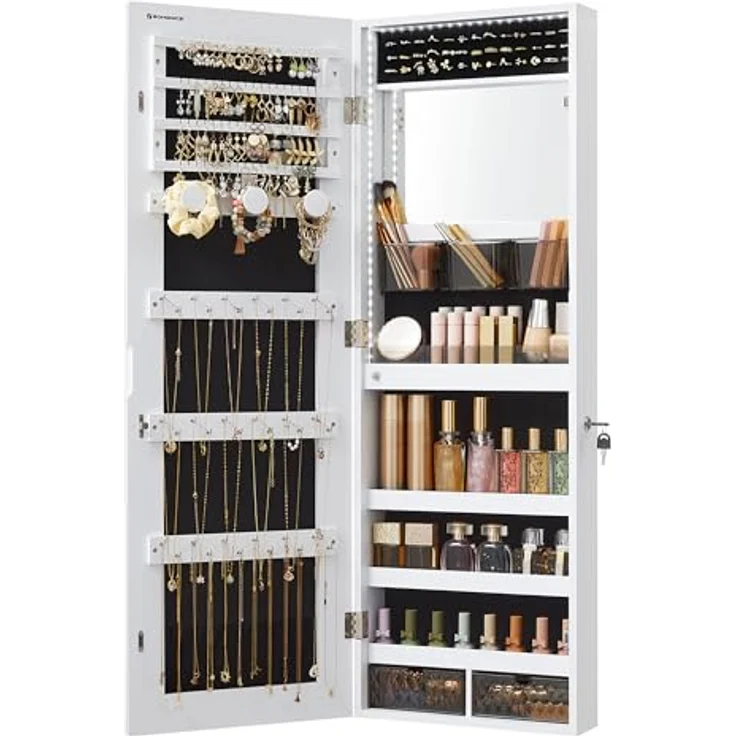 Schmuckschrank-Organizer mit LED-Leuchten, abschließbarer Wandschrank mit Ganzkörperspiegel, eingebautem Schminkspiegel – Bild 2