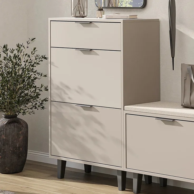 Roomart NORD Schuhschrank mit 2 Schuhklappen & Schublade – Schuhkipper für Flur, Diele & Eingangsbereich – H 112 x B 73.6 x T 35 cm • Beige