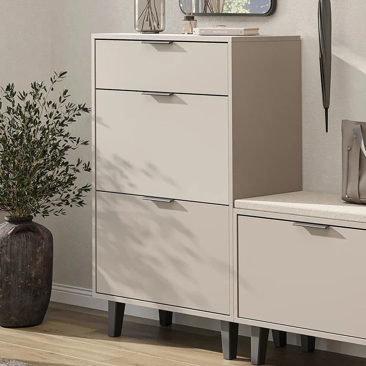 Roomart NORD Schuhschrank mit 2 Schuhklappen & Schublade – Schuhkipper für Flur, Diele & Eingangsbereich – H 112 x B 73.6 x T 35 cm • Beige – Bild 1
