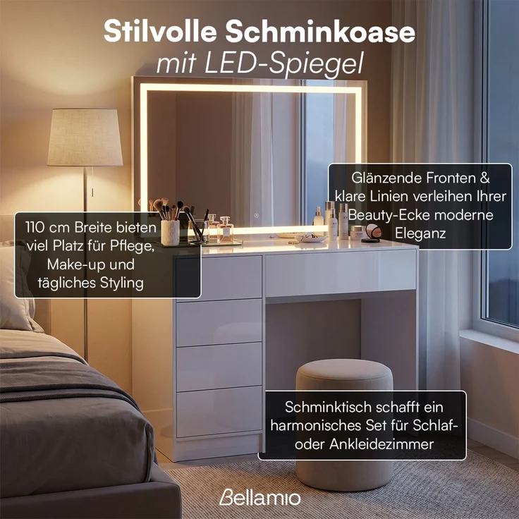 Bellamio 'Livny' Schminktisch mit Spiegel, LED-Beleuchtung, mit 5 Schubladen, beidseitig montierbar, weiß Hochglanz, 80x53x110 cm, LED-Beleuchtung mit mit 3 einstellbaren Lichtfarben – Bild 4