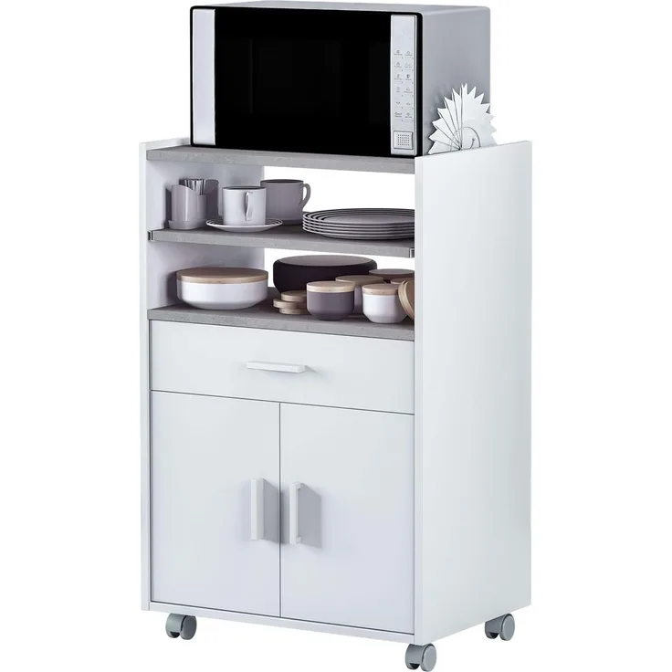 Zusatzschrank für Mikrowelle, Küchentisch mit Schublade und zwei Türen, Weiß- und Zementfarbe, Maße: 92 cm (Höhe) x 59 cm (Breite) x 40 cm (Tiefe)