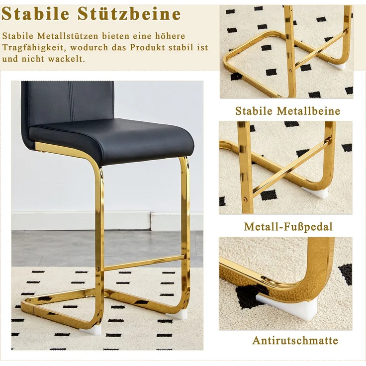 Zweier-Set Barhocker im nordischen Stil (Set mit 2 Stühlen).Hergestellt aus hochwertigem schwarzem Kunstleder mit goldfarbenen Metallbeinen, Geeignet für Restaurants, Küchen u.a.--Schwarz + Gold--39x46.5x96.5cm--YOUDENOVA – Bild 8