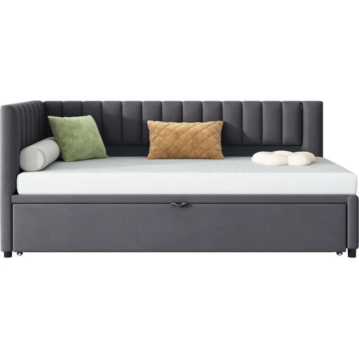 L-förmiges Schlafsofa 90x200 cm mit ausziehbarem Gästebett – Samt Sofa mit Stauraum, Jugendbett, Klappsofa in Dunkelgrau – Bild 6