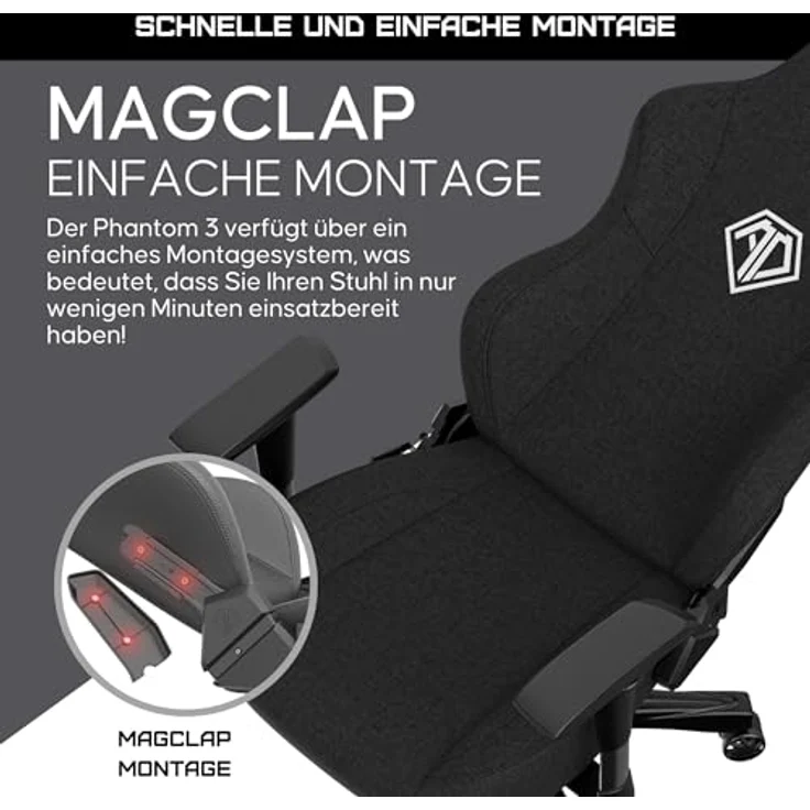 Anda Seat Phantom 3 Stoff Gaming Stuhl für Erwachsene – Ergonomisch PC Stuhl mit verstellbaren 2D Armlehnen, Kopfstütze & Lendenkissen, Bequemer Design, Belastbarkeit bis 90 kg, Schwarz – Bild 6