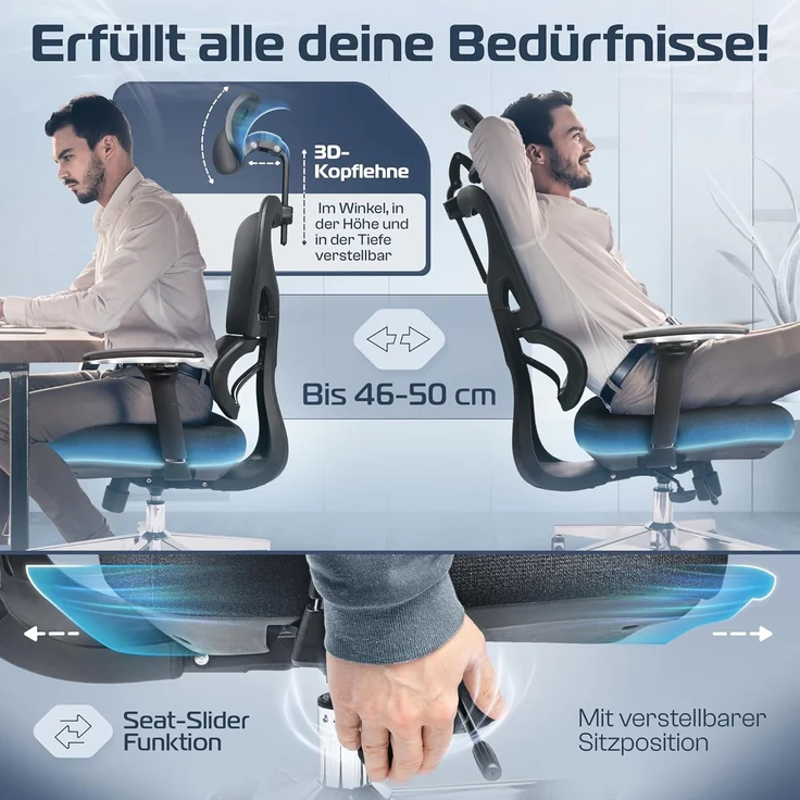 CLOUVOU ProSeat Bürostuhl Ergonomisch [TESTSIEGER] Schreibtischstuhl 100% individuell einstellbar | Büro Stuhl & Gaming Stuhl | Computerstuhl Home Office Chair Ergonomic | Drehstuhl 150 kg – Bild 3