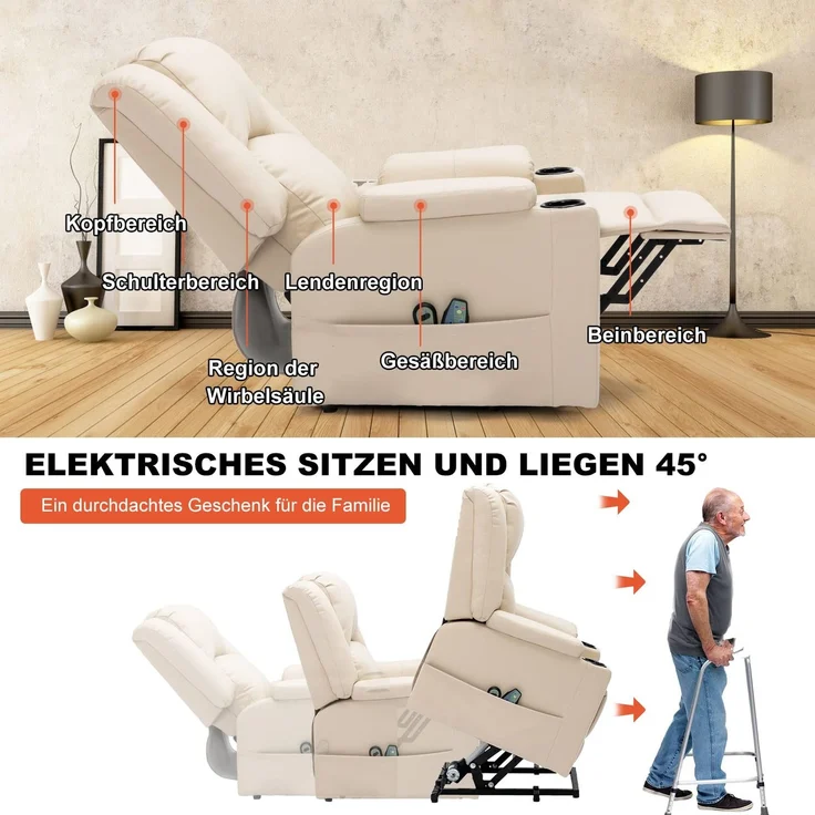 COMHOMA elektrischer Aufstehsessel, Relaxsessel Fernsehsessel Massagesessel mit Liegefunktion Sessel mit Aufstehhilfe Powerlift-Liegestuhl für ältere Menschen weiß – Bild 6