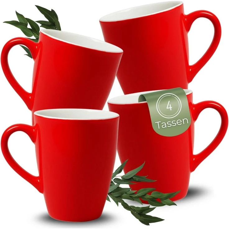 matches21 HOME & HOBBY Tasse Kaffeetassen 4er Set aus Keramik 340ml, Teetassen in Rot, 4-tlg, Keramik, Moderne Kaffeebecher Spülmaschinenfest & Mikrowellengeeignet
