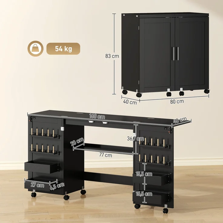 Wohnora-Klappbarer Nähtisch, Nähschrank auf Rollen, 2 Magnettüren, 4 Ablagen, 20 Haken, 160 x 40 x 83 cm, schwarz,H 830cm x T 800cm x B 400cm – Bild 5