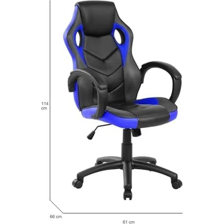 Dmora - Stuhl mit Rädern Caloundra, Gaming-Sessel für Erwachsene, Schreibtischstuhl, 66x61h104/114 cm, Schwarz und Blau – Bild 2