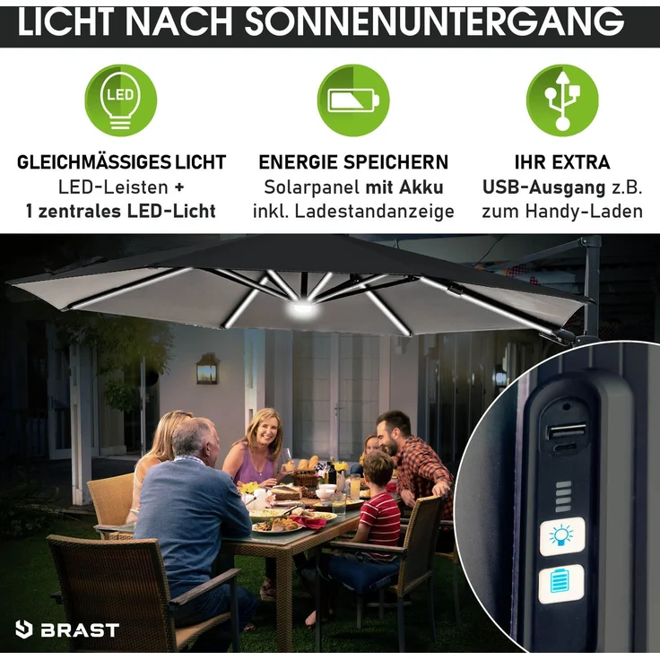 BRAST Alu Sonnenschirm Ampelschirm Ø360cm Grau + LEDs Windsicherung & Schützhülle UV-Schutz 80+ wasserabweisend mit Kurbelvorrichtung drehbar schwenkbar & höhenverstellbar – Bild 6