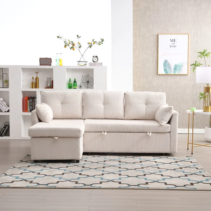 Multifunktionales L-förmiges Schlafsofa mit verstecktem Stauraum, 3 große Kissen, 2 kleine Kissen, seitliche Ablagefächer,Beige – Bild 6
