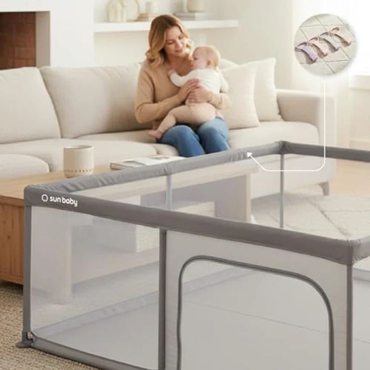 sun baby Laufstall mit rosa Griffen 150x200 cm 0-2 Jahre Grau, Polyester, Netzwände, Eingang mit Reißverschluss, rutschfeste Füße, Tragetasche im Set, Metallrahmen – Bild 5