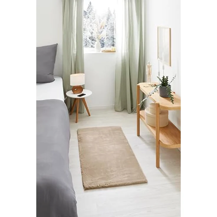-LUXOR- living Kunstfell Coste Flauschiger Teppich Schlafzimmer - ideal zur Verwendung als Bettvorleger Schlafzimmer - gemütlicher Fellteppich Lammfell Imitat 60 x 120 cm Taupe – Bild 2