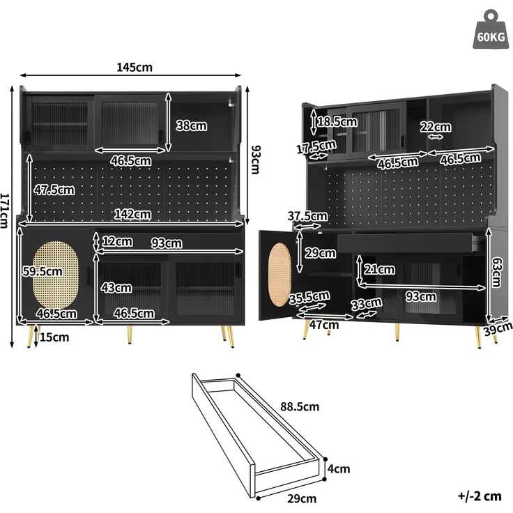 Seitenboard / Aufbewahrungsschrank / Küchenschrank / Buffetschrank, 145x39x171cm, Landhausstil, 5 Türen, mit LED-Lichtleiste & Ordnungslockplatte, Fluted Glas Türen, Braun/Schwarz – Bild 6