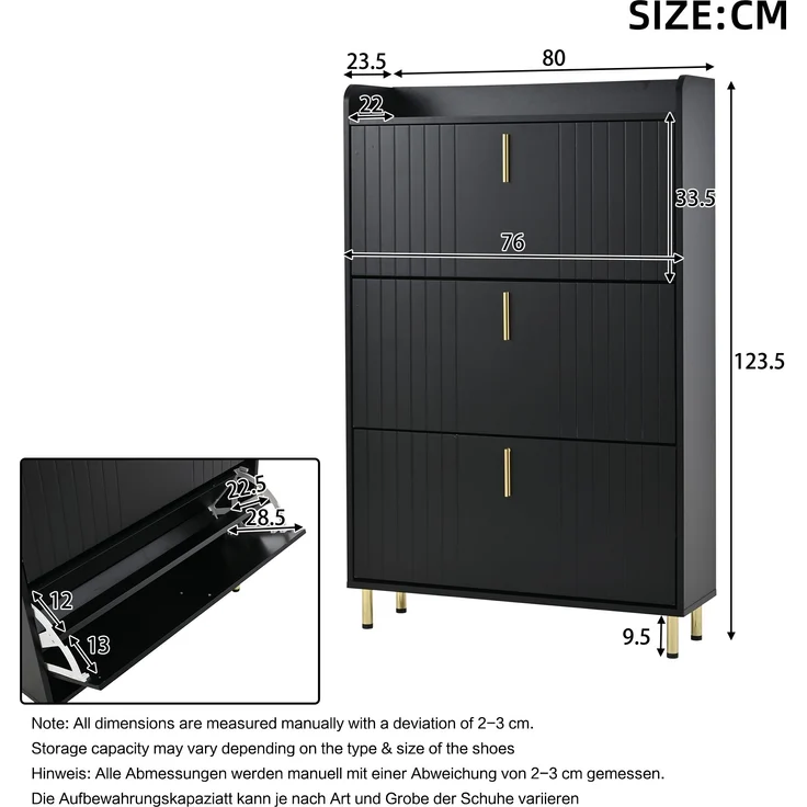Schuhschrank Set 2-teilig 160x23x123,5 cm mattschwarz gold Metallfüße 3 Türen verstellbare Böden – Bild 9