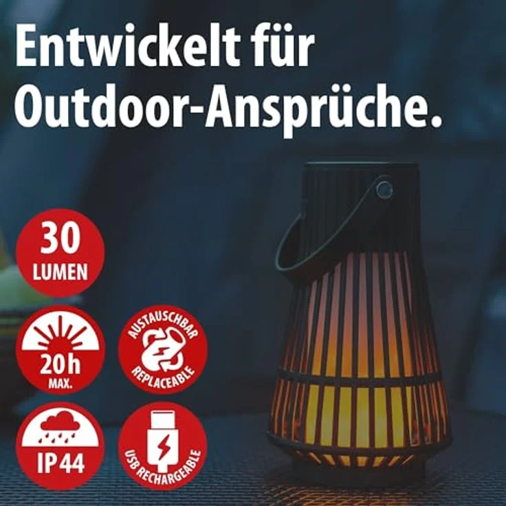 Brennenstuhl Akku LED Outdoor Lampe FL 100 A, IP44, Flammeneffekt, 20h Leuchtdauer, tauschbarer Akku, USB C Ladefunktion, Campinglampe, Garten- und Ambientebeleuchtung – Bild 2