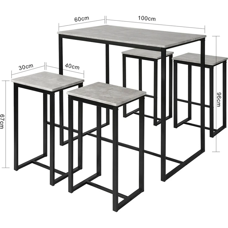 SoBuy OGT15-HG Bartisch-Set mit 4 Hockern, MDF, PVC-Beschichtung, Grau, 100 x 96 x 60 cm – Bild 3