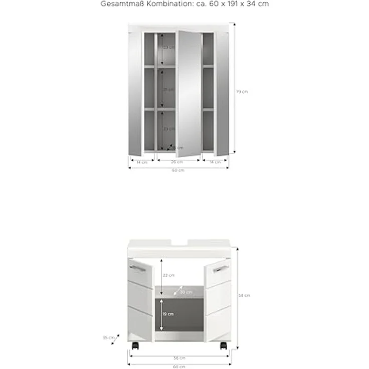 xonox. home – 2 TLG. Badkombination Scout 60x191x34 cm in Weiß Hochglanz – Mobiles Set aus Waschbeckenunterschrank & Spiegelschrank auf Rollen – Modernes Badezimmerset für Flexible Badorganisation – Bild 4
